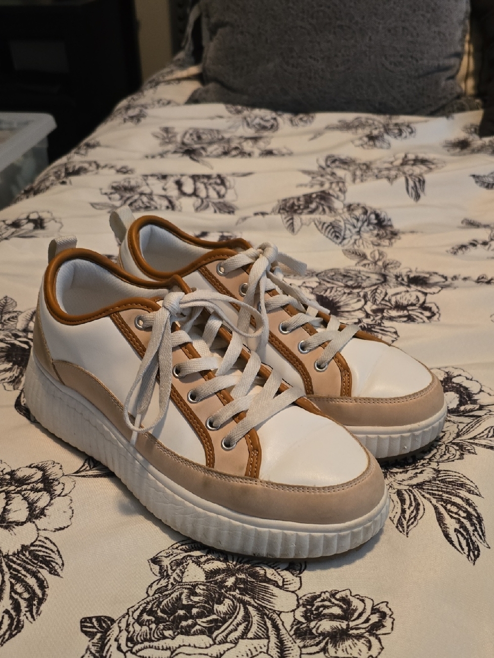 White and Tan Platform Sneakers